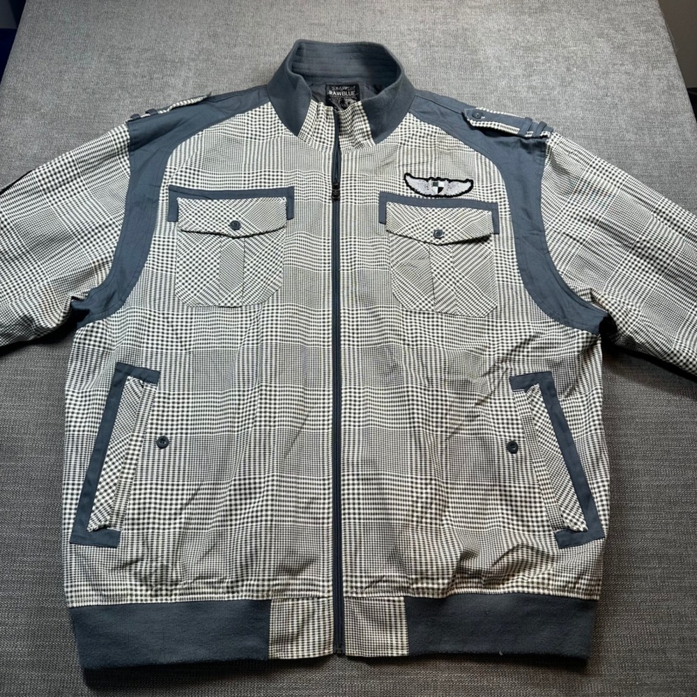 Raw Blue Bomber Jacket Mens 4XL Grey Houndstooth Urban Streetwear Patch